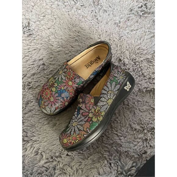 Alegria leather slip on clogs rainbow daisy print 37/7 - Picture 1 of 5